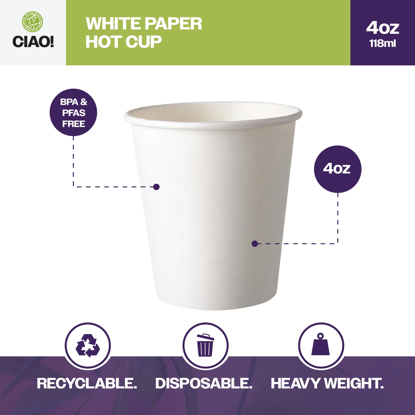 Ciao! Paper Hot Cup, 4 oz Disposable Cup, White, 1,000 Count