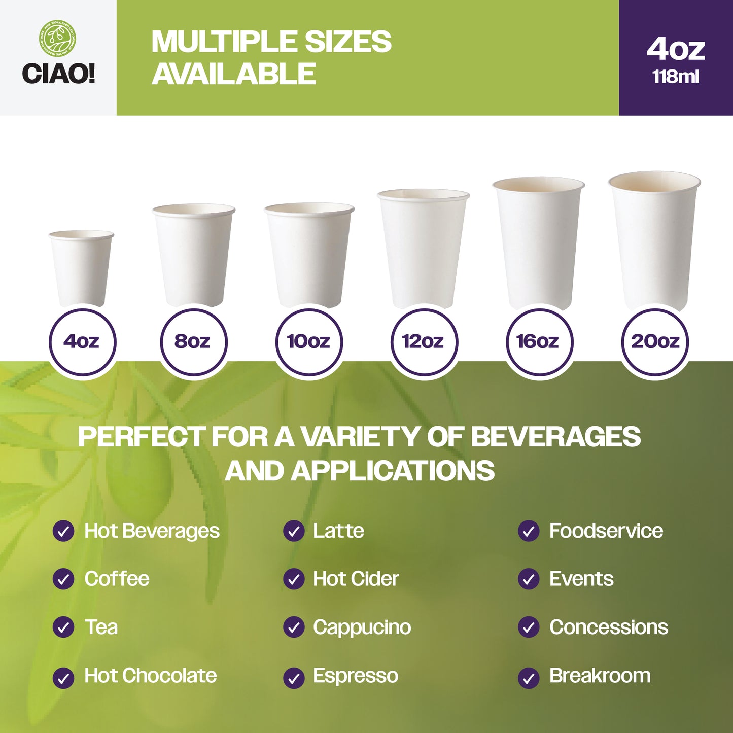 Ciao! Paper Hot Cup, 4 oz Disposable Cup, White, 1,000 Count