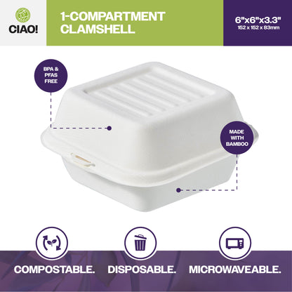 CIAO! 6"x6"x3" Clamshell 1 Compartment 100% Compostable Ecofriendly PFAS Free Unbleached Bagasse Natural White (500/case) …