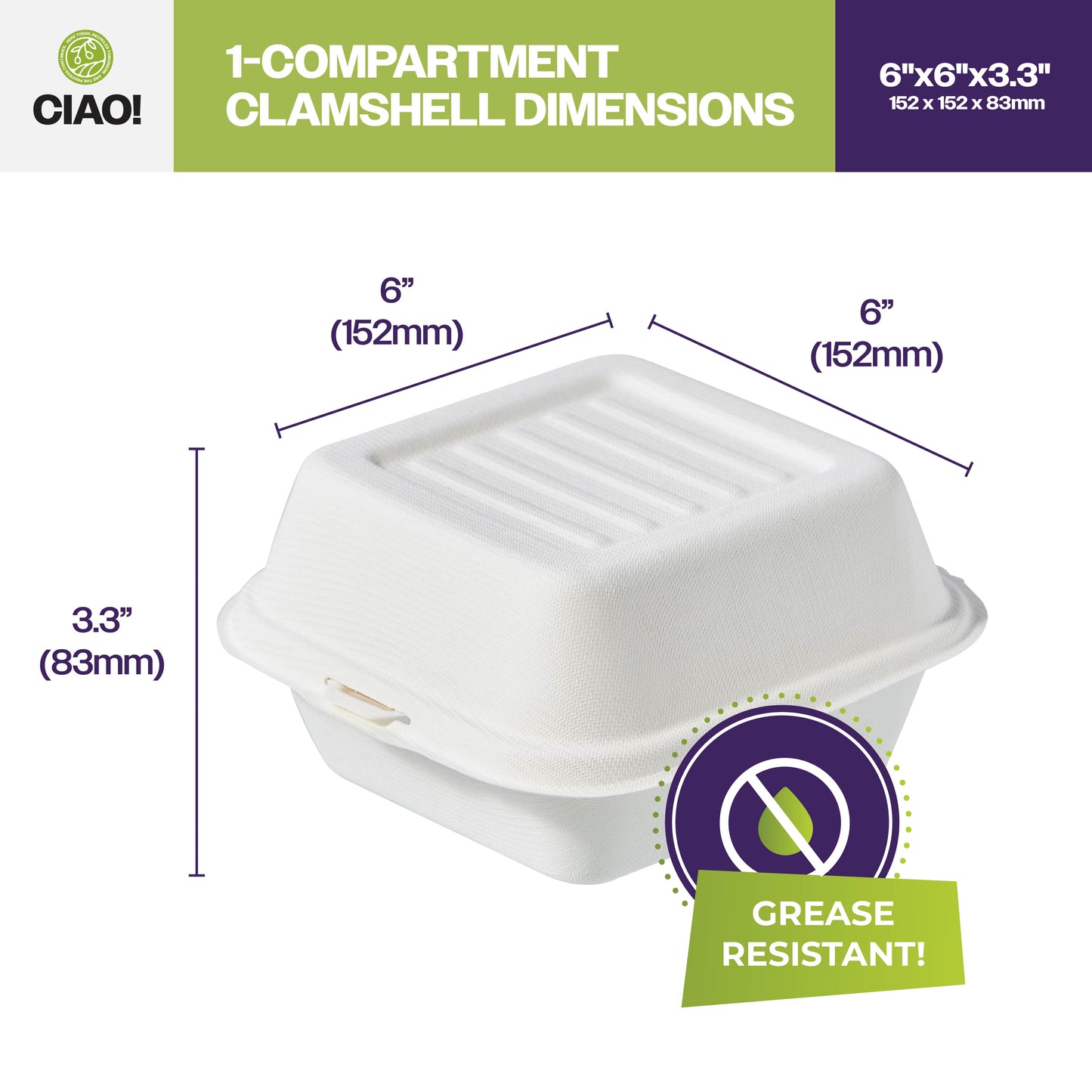 CIAO! 6"x6"x3" Clamshell 1 Compartment 100% Compostable Ecofriendly PFAS Free Unbleached Bagasse Natural White (500/case) …