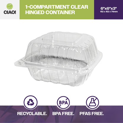 CIAO! 6"x6"x3" 1 Compartment PP Plastic Clear Hinged Container for Take Out (Case of 300)