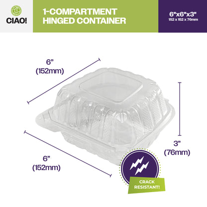 CIAO! 6"x6"x3" 1 Compartment PP Plastic Clear Hinged Container for Take Out (Case of 300)