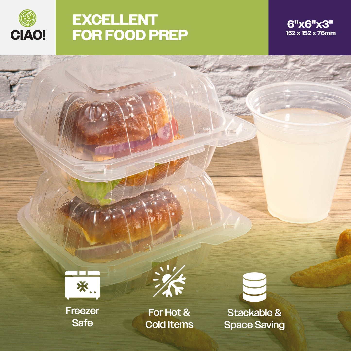 CIAO! 6"x6"x3" 1 Compartment PP Plastic Clear Hinged Container for Take Out (Case of 300)