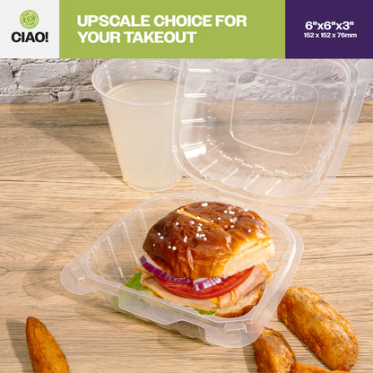 CIAO! 6"x6"x3" 1 Compartment PP Plastic Clear Hinged Container for Take Out (Case of 300)