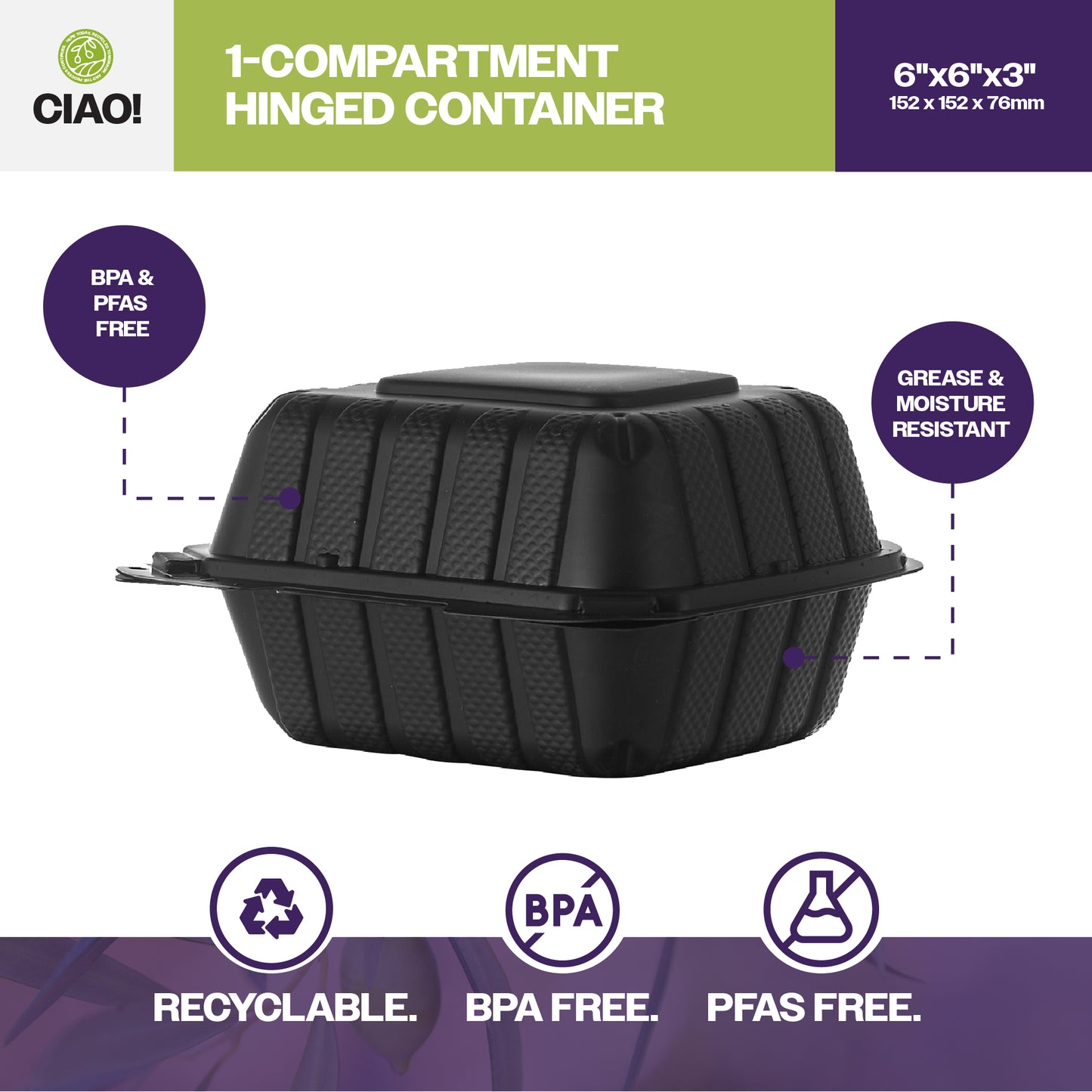 CIAO! 6"x6"x3" MFPP Black Hinged Container With Lid 1 Compartment (Case of 300)