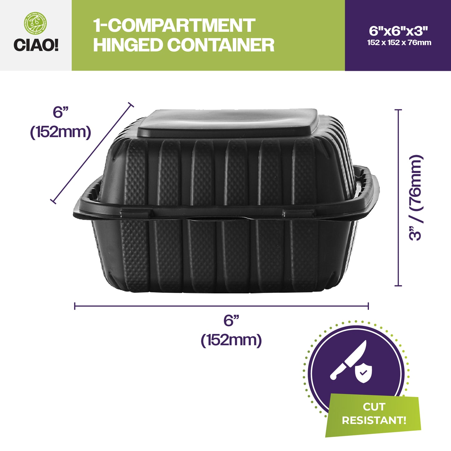 CIAO! 6"x6"x3" MFPP Black Hinged Container With Lid 1 Compartment (Case of 300)