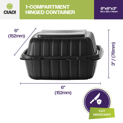 CIAO! 6"x6"x3" MFPP Black Hinged Container With Lid 1 Compartment (Case of 300)