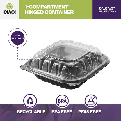 CIAO! 6"x6"x3" Polypropylene Black bottom with Clear Lid Hinged Container 1 Compartment Take Out Container, Microwavable, Recyclable and Reusable, (Case of 300)