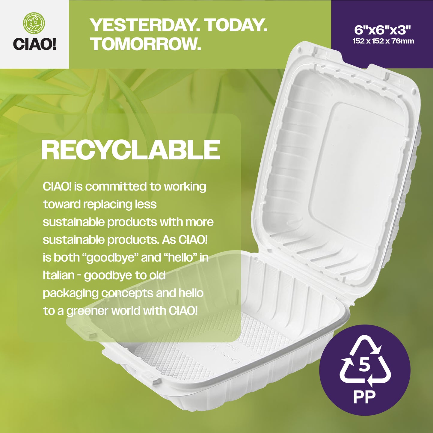 CIAO! 6"x6"x3" MFPP White Hinged Container With Lid 1 Compartment (Case of 300)