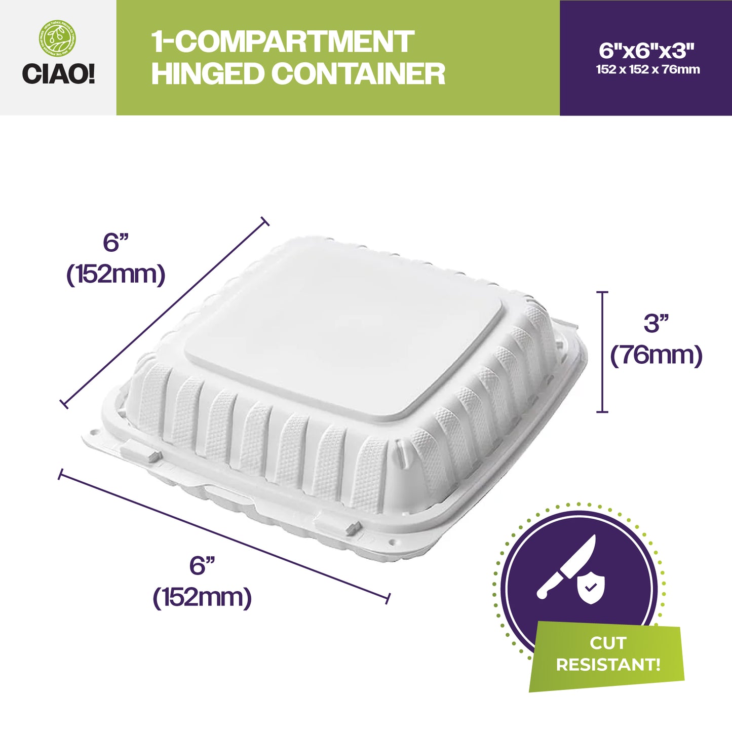 CIAO! 6"x6"x3" MFPP White Hinged Container With Lid 1 Compartment (Case of 300)