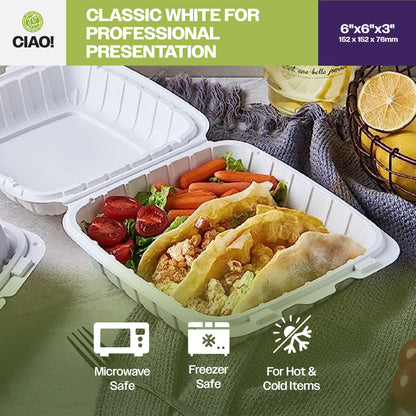 CIAO! 6"x6"x3" MFPP White Hinged Container With Lid 1 Compartment (Case of 300)