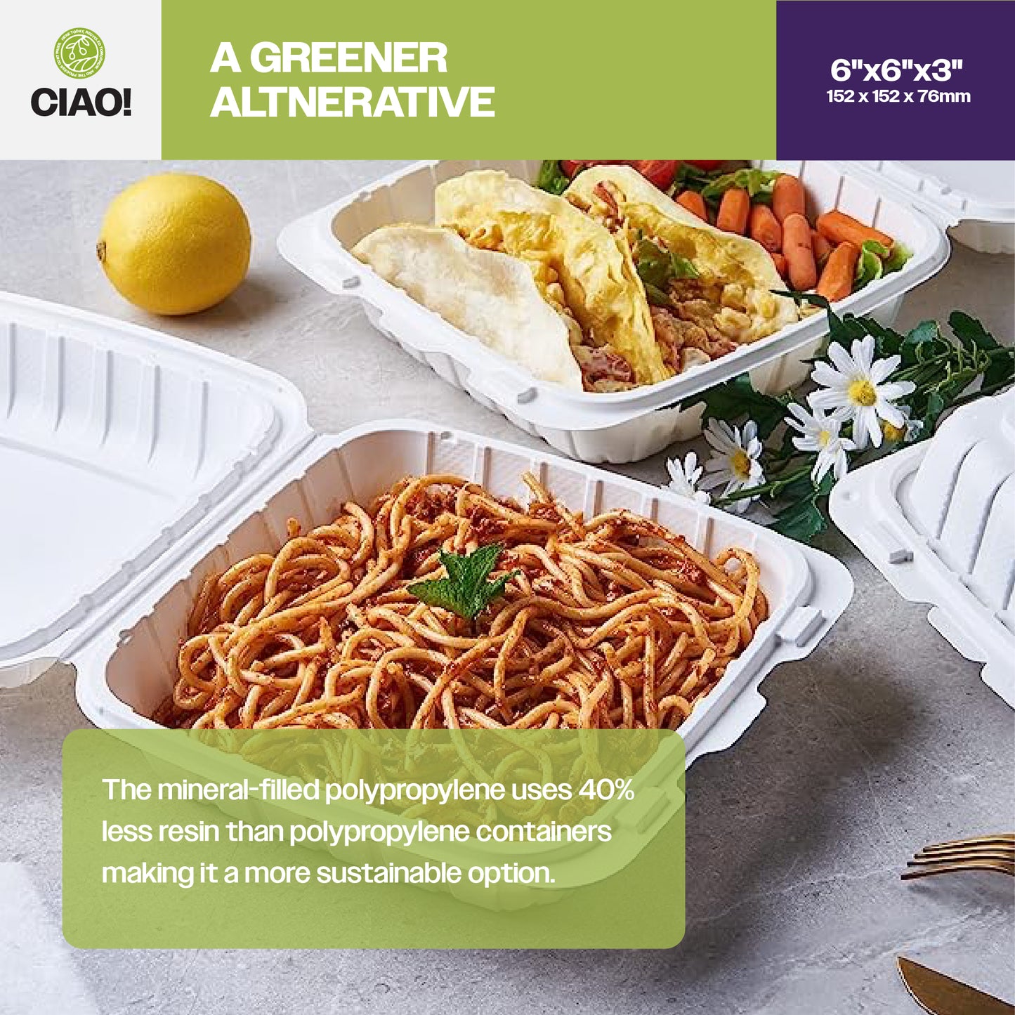 CIAO! 6"x6"x3" MFPP White Hinged Container With Lid 1 Compartment (Case of 300)