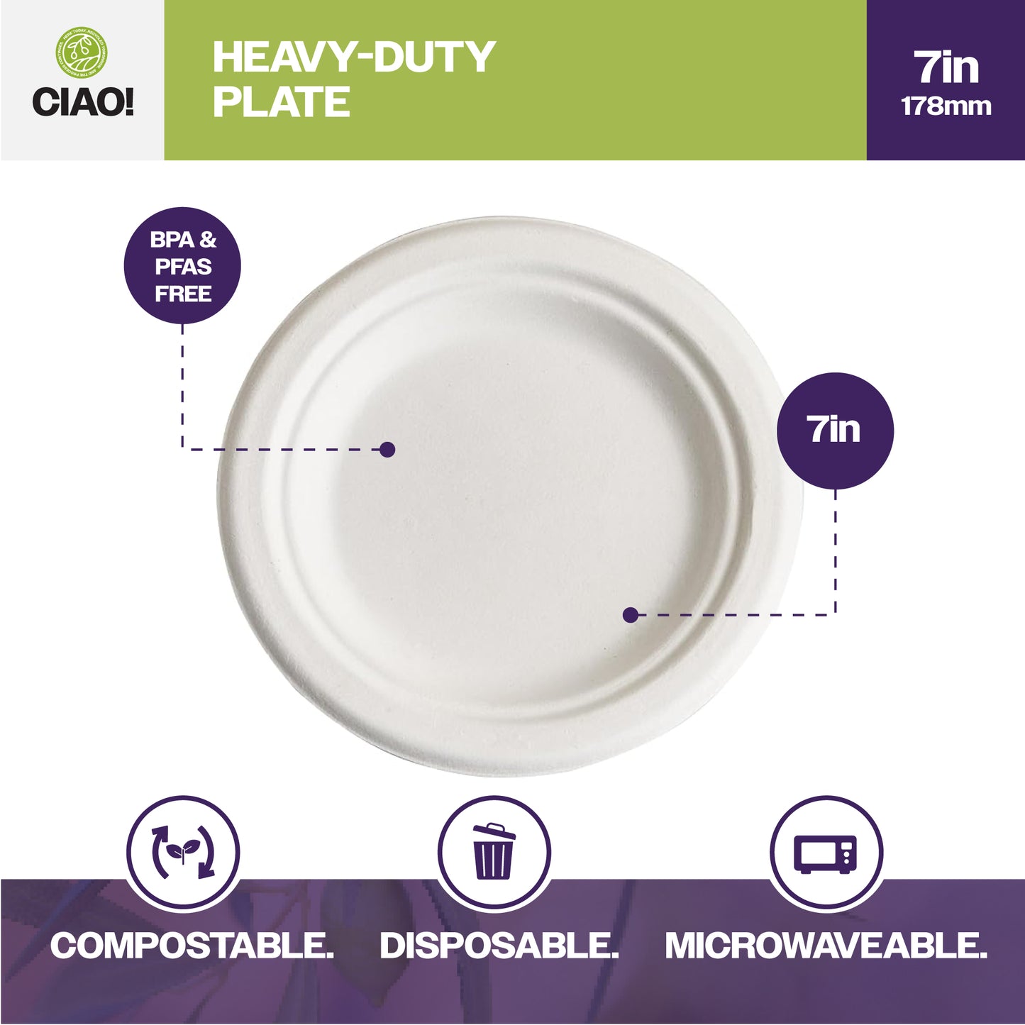 CIAO! 7" Heavy Duty Plate 100% Compostable Ecofriendly PFAS Free Unbleached Bagasse Natural White (Pack of 1,000)