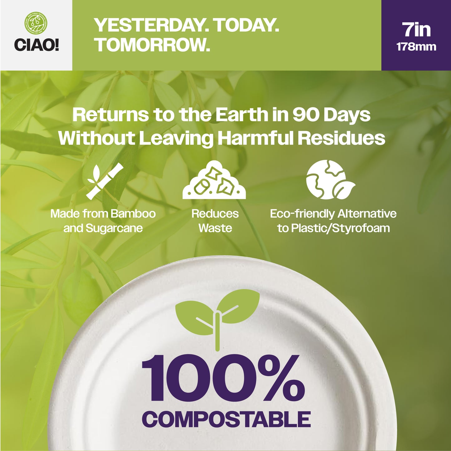CIAO! 7" Heavy Duty Plate 100% Compostable Ecofriendly PFAS Free Unbleached Bagasse Natural White (Pack of 1,000)