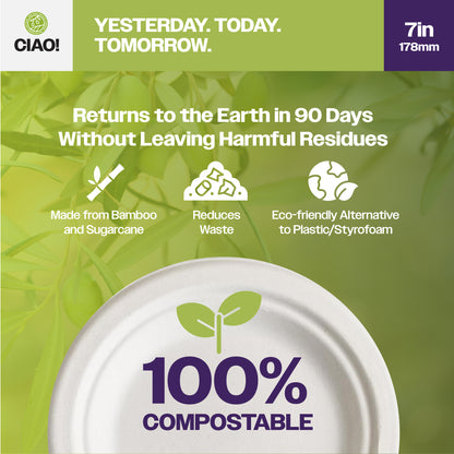 CIAO! 7" Heavy Duty Plate 100% Compostable Ecofriendly PFAS Free Unbleached Bagasse Natural White (Pack of 1,000)