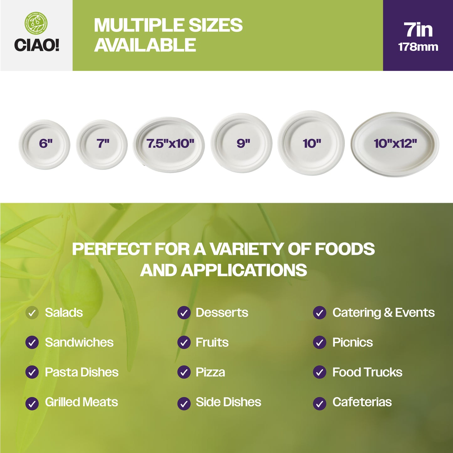 CIAO! 7" Heavy Duty Plate 100% Compostable Ecofriendly PFAS Free Unbleached Bagasse Natural White (Pack of 1,000)