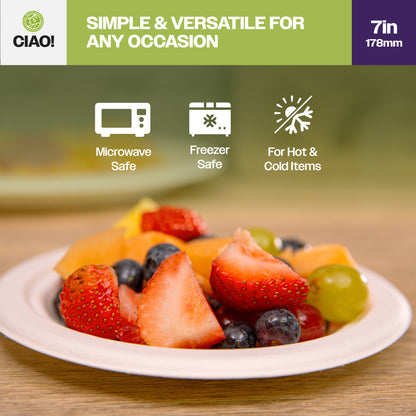 CIAO! 7" Heavy Duty Plate 100% Compostable Ecofriendly PFAS Free Unbleached Bagasse Natural White (Pack of 1,000)