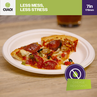 CIAO! 7" Heavy Duty Plate 100% Compostable Ecofriendly PFAS Free Unbleached Bagasse Natural White (Pack of 1,000)