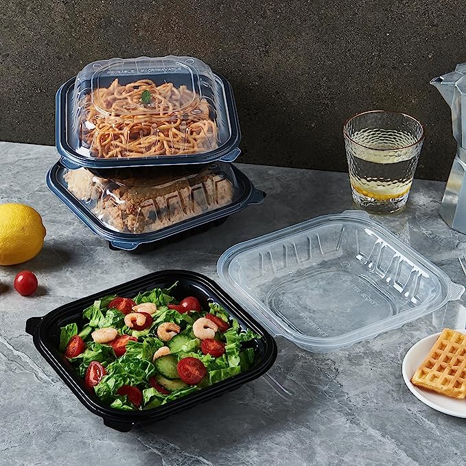 CIAO! 8"x8"x3" Polypropylene Black bottom with Clear Lid Hinged Container 1 Compartment Take Out Container, Microwavable, Recyclable and Reusable, (Case of 150)