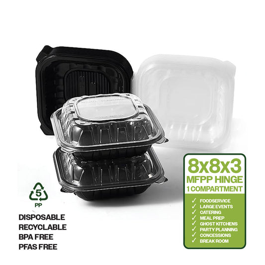 CIAO! 8"x8"x3" Polypropylene Black bottom with Clear Lid Hinged Container 1 Compartment Take Out Container, Microwavable, Recyclable and Reusable, (Case of 150)