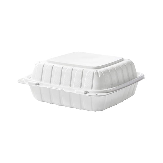 Square White Plastic 3-Compartment Hinged Food Container 8 X 8 X 3 -  150/Case 