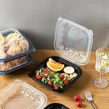 CIAO! 8"x8"x3" Polypropylene Black bottom with Clear Lid Hinged Container 3 Compartment Take Out Container, Microwavable, Recyclable and Reusable, (Case of 150)