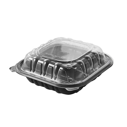 CIAO! 8"x8"x3" Polypropylene Black bottom with Clear Lid Hinged Container 3 Compartment Take Out Container, Microwavable, Recyclable and Reusable, (Case of 150)