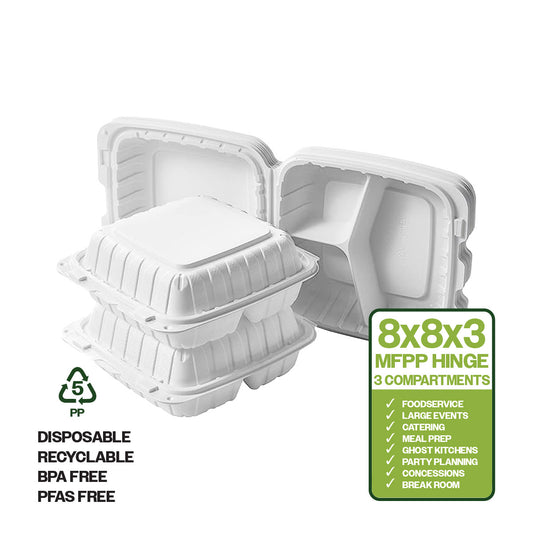 CIAO! 8"x8"x3" MFPP White Hinged Container With Lid 3 Compartment (Case of 200)