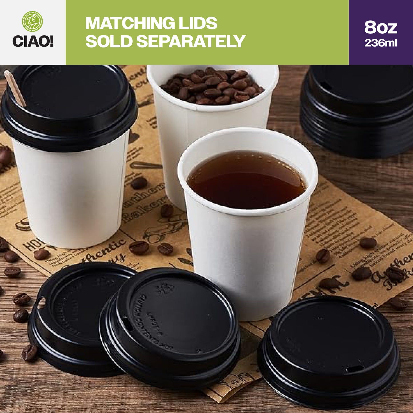 CIAO! 12oz White Paper Hot Cup, Disposable, 90mm Diameter 500 Count