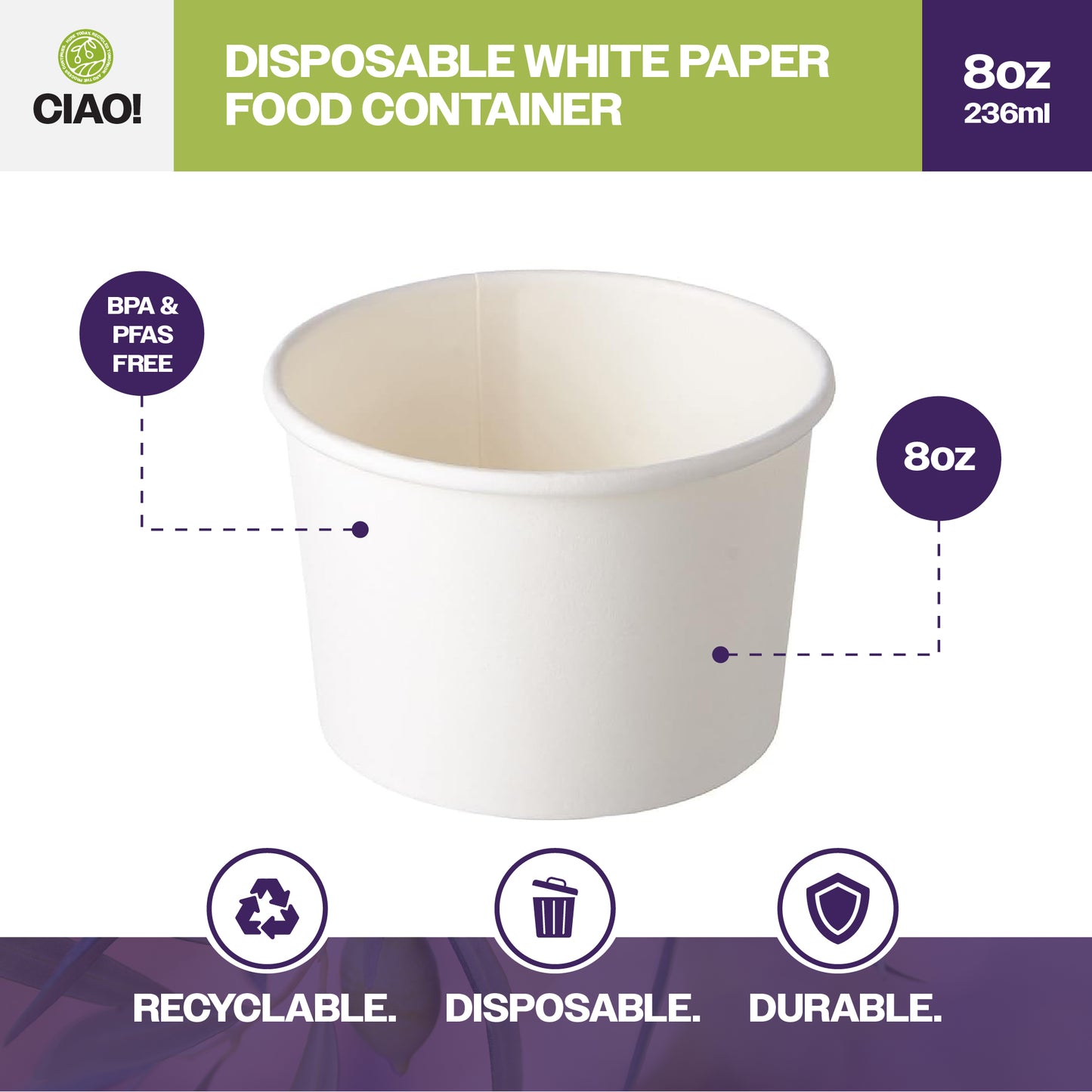 CIAO! 8OZ Disposable White Paper Food Container (1000/case)