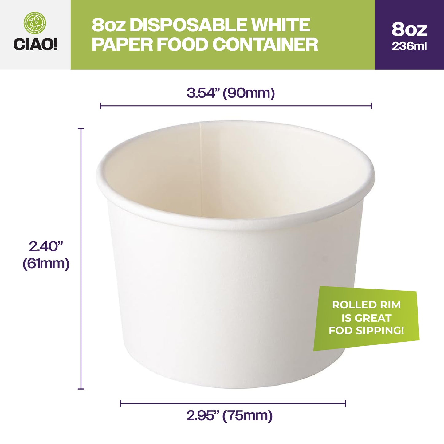 CIAO! 8OZ Disposable White Paper Food Container (1000/case)