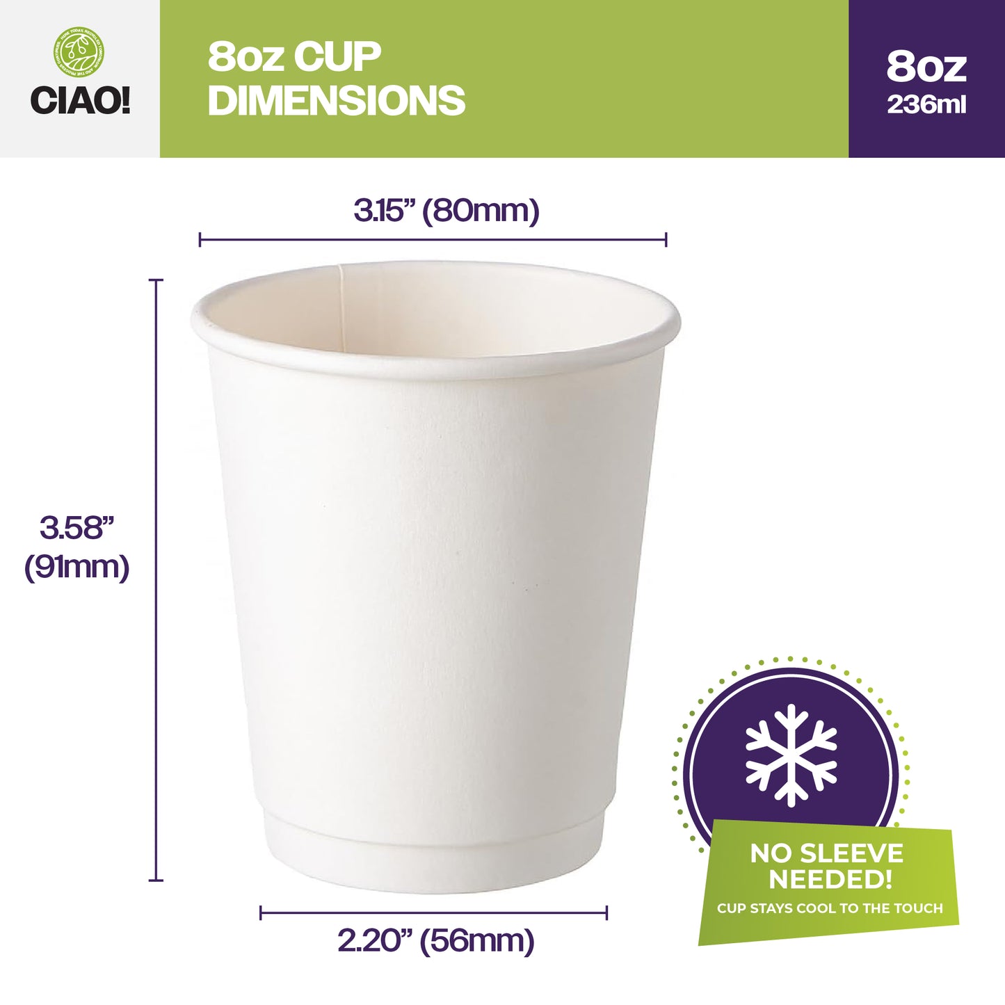 CIAO! 8 oz Insulated Double Wall Paper Hot Cup, White, 500 Count