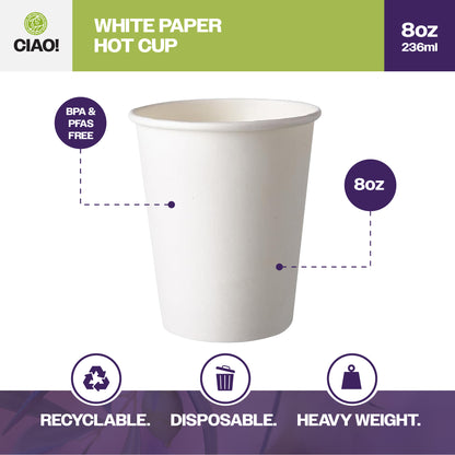 CIAO! Paper Hot Cups, 8 oz Disposable Cup, White, 1,000 Count