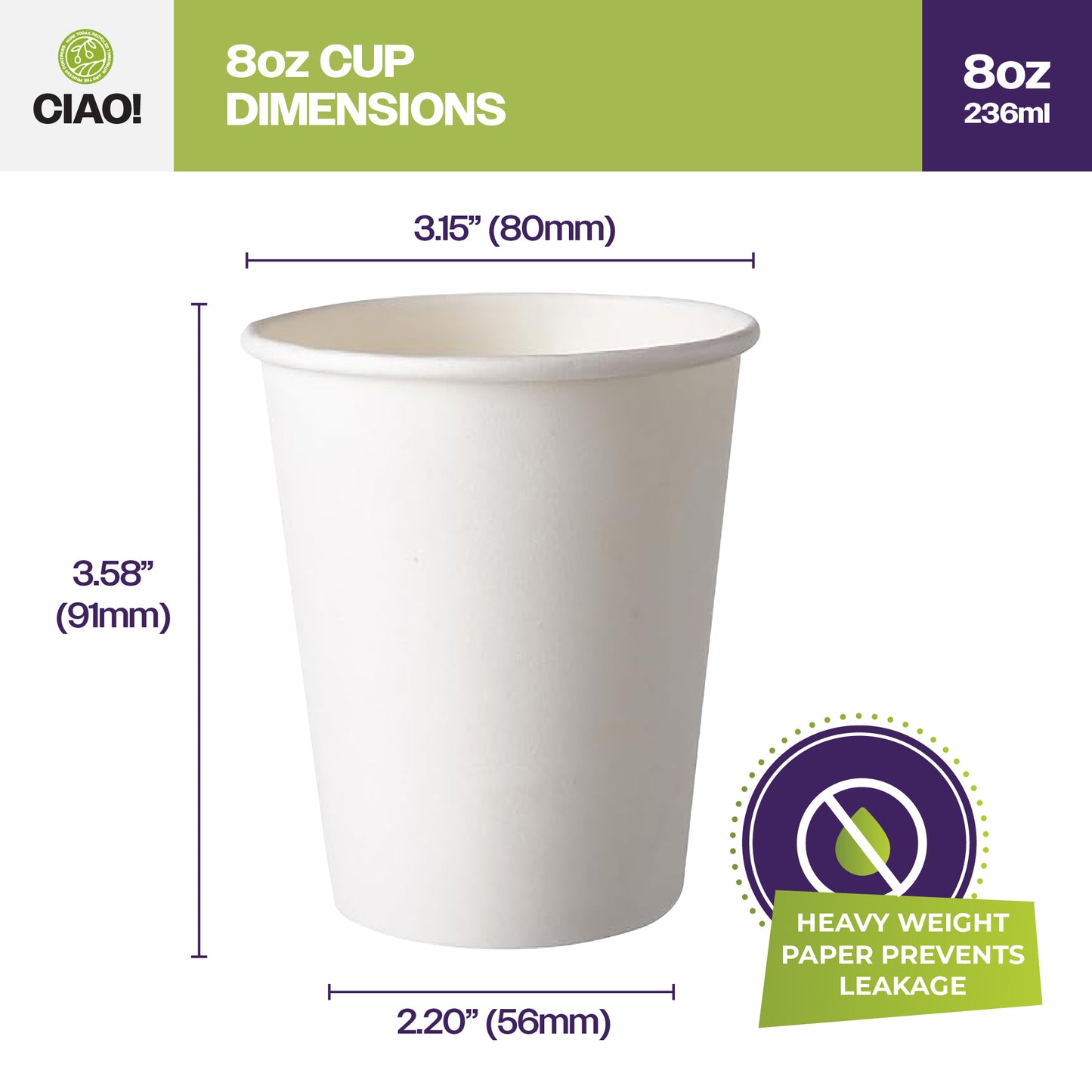 CIAO! Paper Hot Cups, 8 oz Disposable Cup, White, 1,000 Count