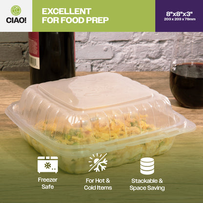 CIAO! 8"x8"x3" 1 Compartment PP Plastic Clear Hinged Container for Take Out (Case of 200)