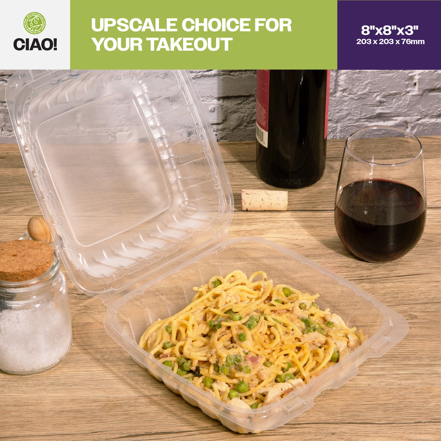 CIAO! 8"x8"x3" 1 Compartment PP Plastic Clear Hinged Container for Take Out (Case of 200)