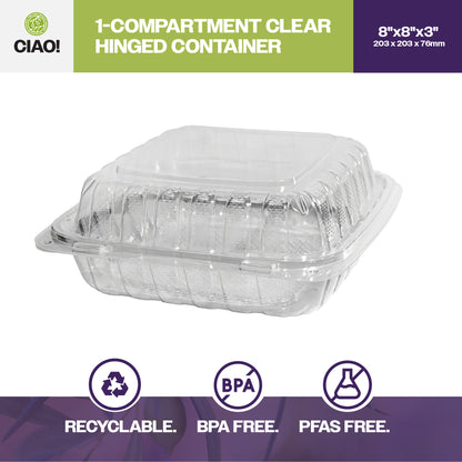 CIAO! 8"x8"x3" 1 Compartment PP Plastic Clear Hinged Container for Take Out (Case of 200)