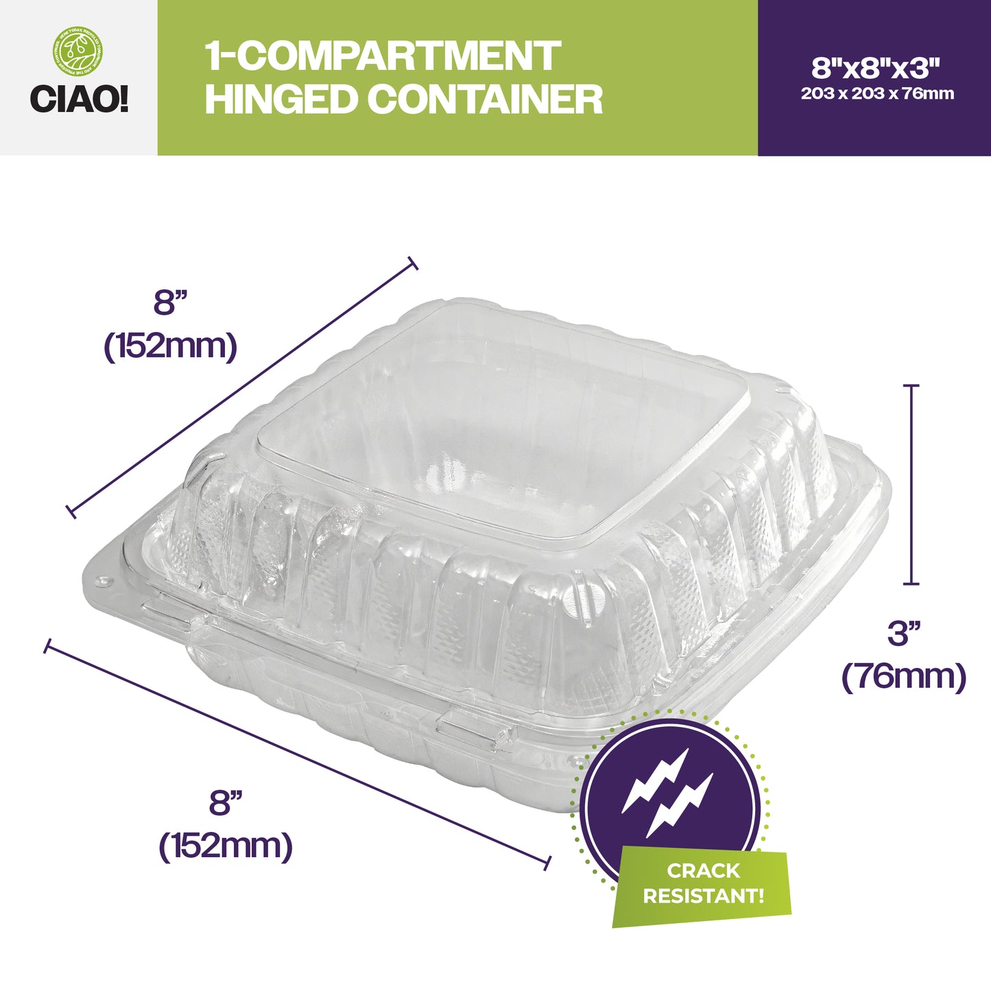 CIAO! 8"x8"x3" 1 Compartment PP Plastic Clear Hinged Container for Take Out (Case of 200)