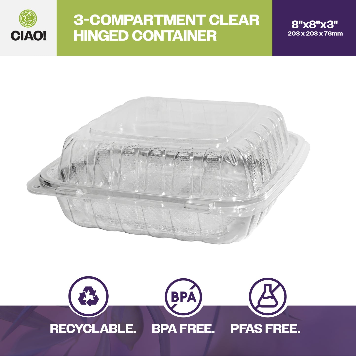 CIAO! 8"x8"x3" 3 Compartment PP Plastic Clear Hinged Container for Take Out (Case of 200)