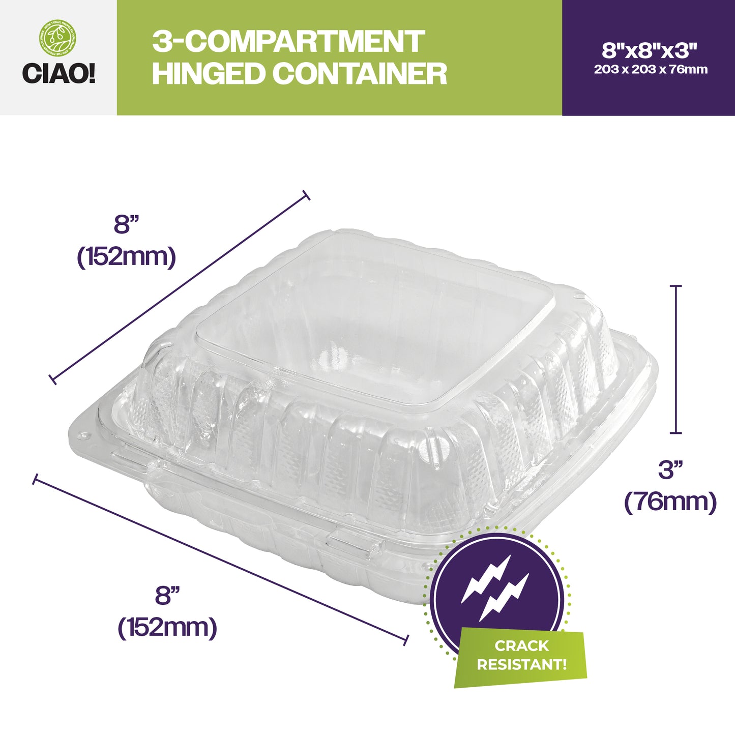 CIAO! 8"x8"x3" 3 Compartment PP Plastic Clear Hinged Container for Take Out (Case of 200)