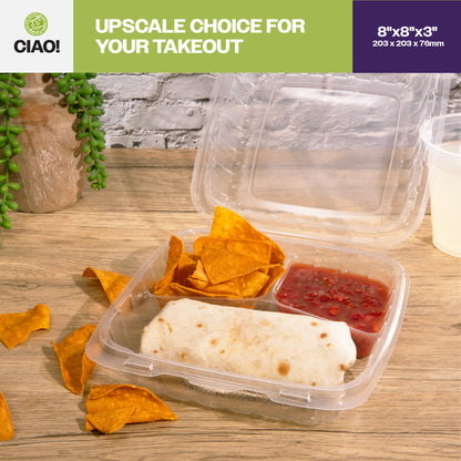 CIAO! 8"x8"x3" 3 Compartment PP Plastic Clear Hinged Container for Take Out (Case of 200)