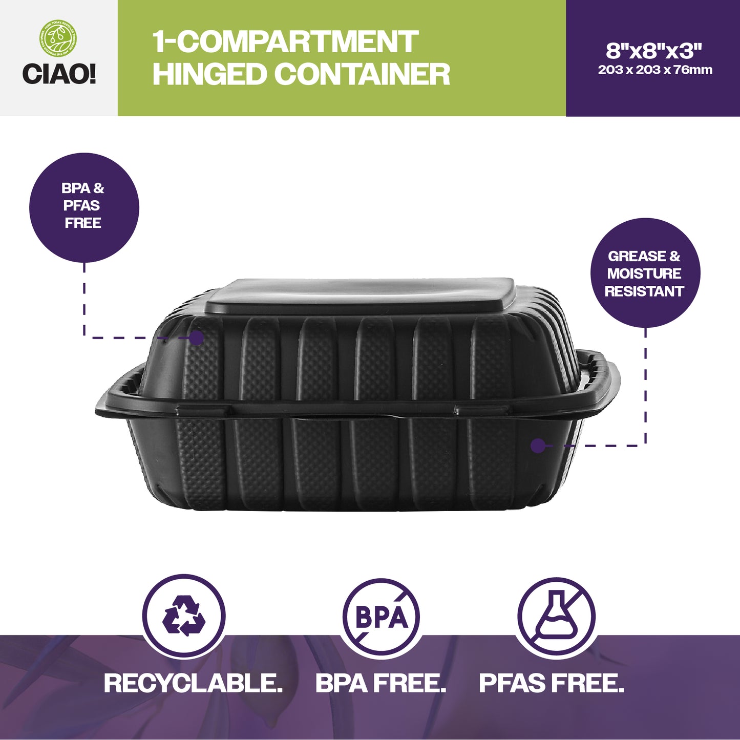 CIAO! 8"x8"X3" MFPP Black Hinged Container With Lid 1 Compartment (Case of 200)