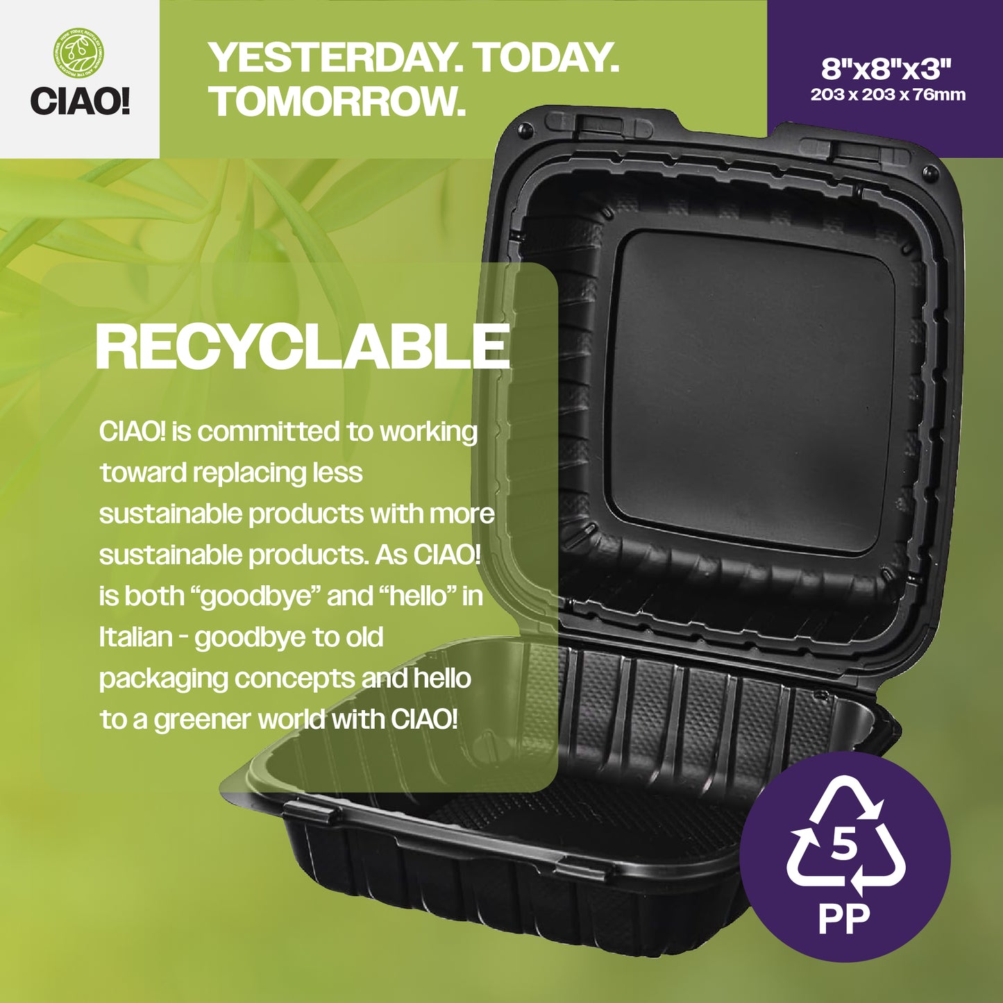 CIAO! 8"x8"X3" MFPP Black Hinged Container With Lid 1 Compartment (Case of 200)