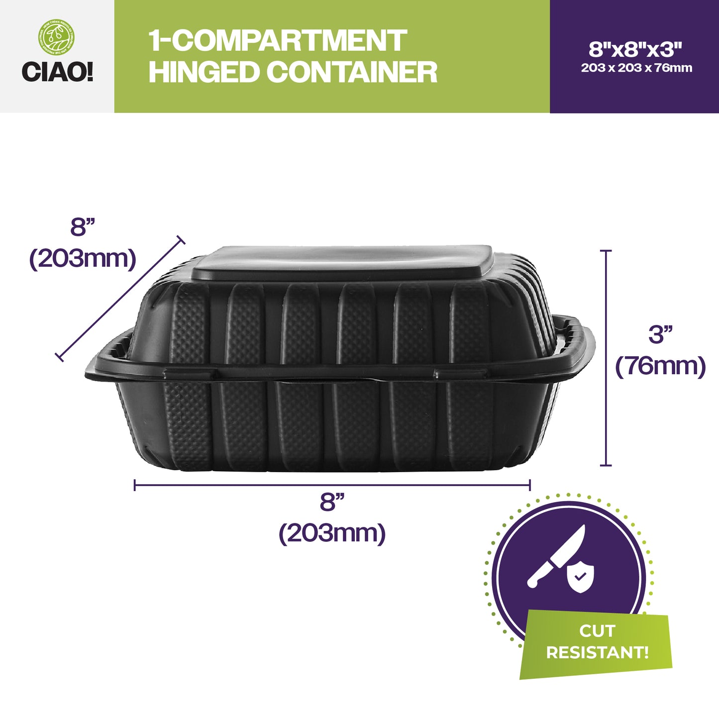 CIAO! 8"x8"X3" MFPP Black Hinged Container With Lid 1 Compartment (Case of 200)