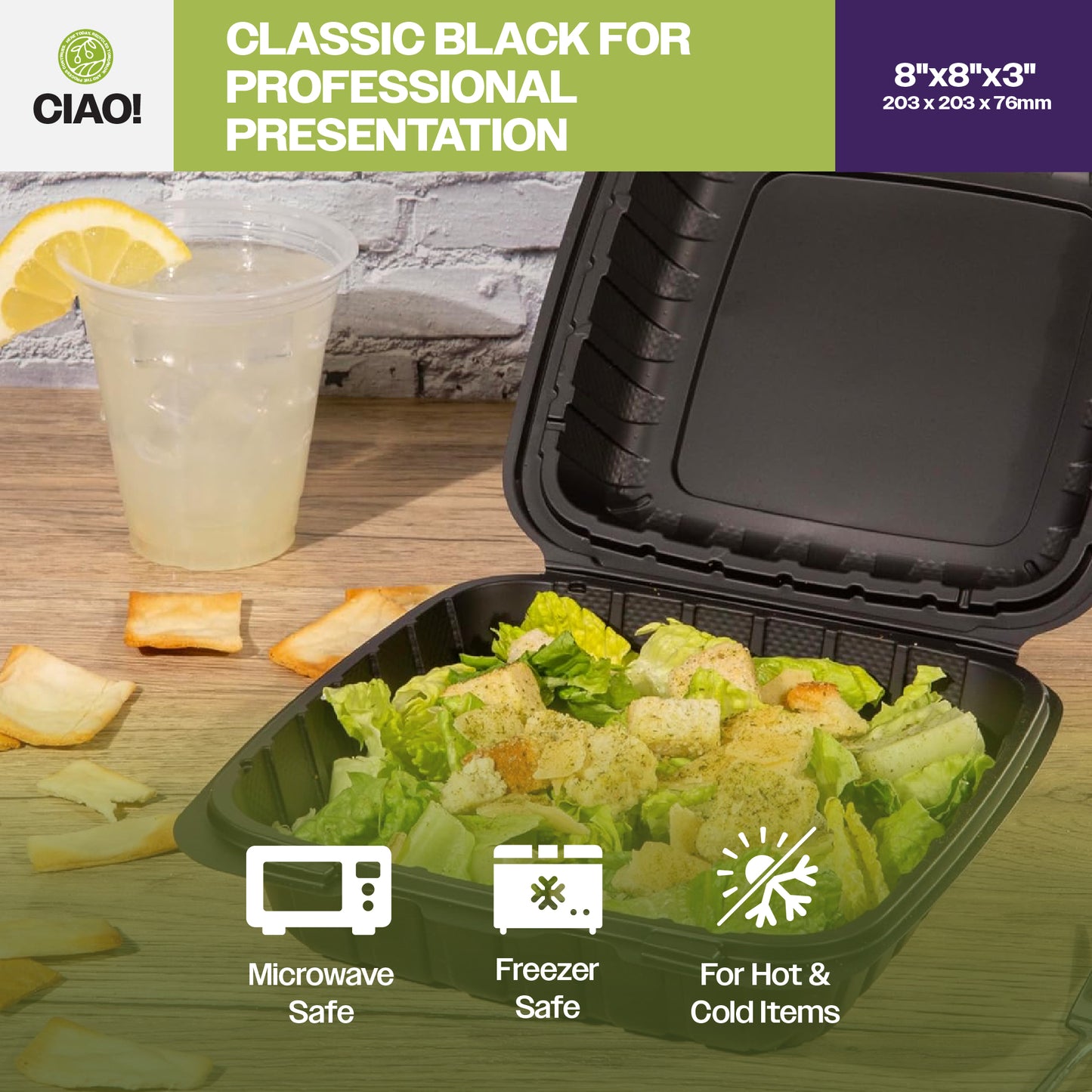 CIAO! 8"x8"X3" MFPP Black Hinged Container With Lid 1 Compartment (Case of 200)