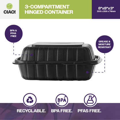 CIAO! 8"x8"x3" MFPP Black Hinged Container With Lid 3 Compartment (Case of 200)