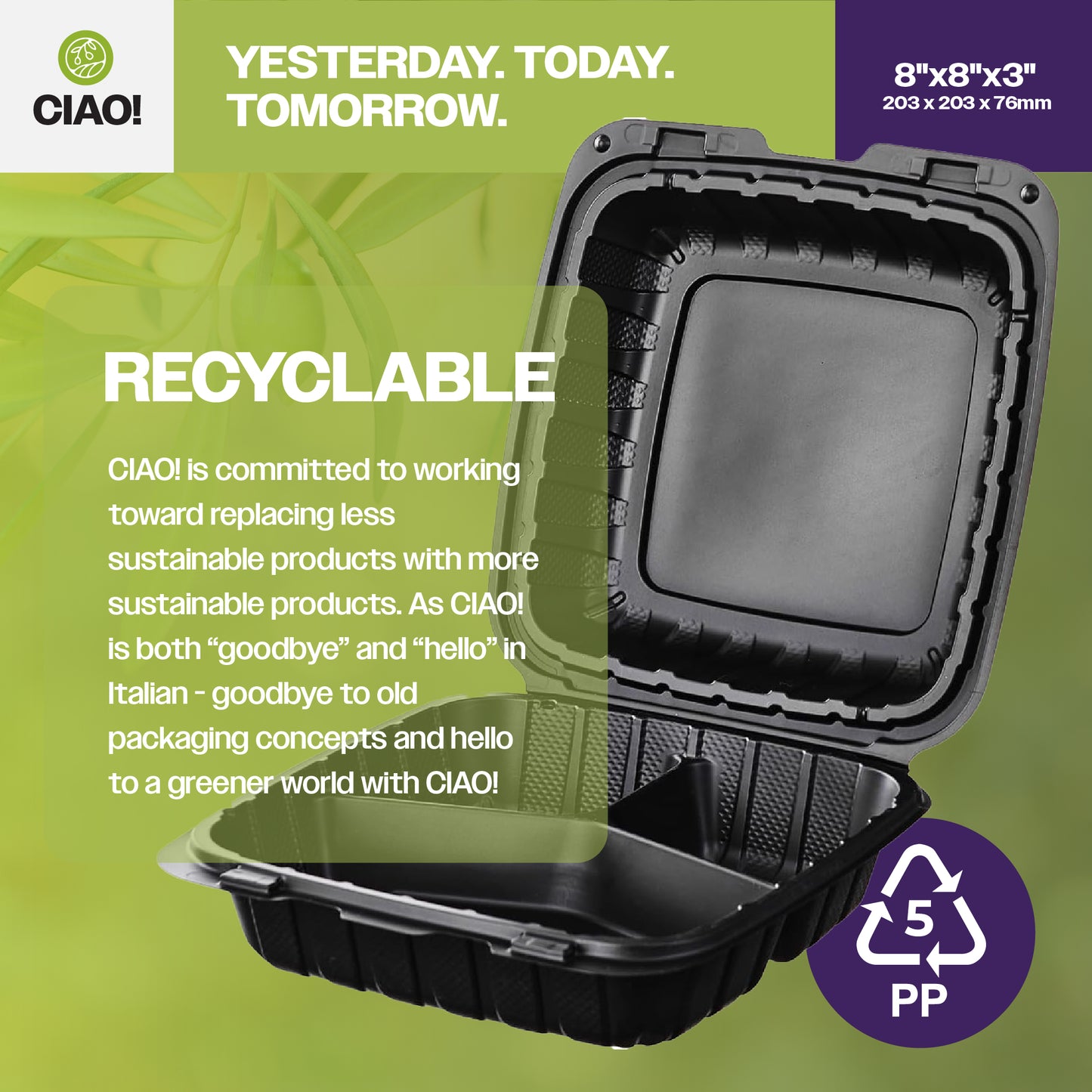 CIAO! 8"x8"x3" MFPP Black Hinged Container With Lid 3 Compartment (Case of 200)