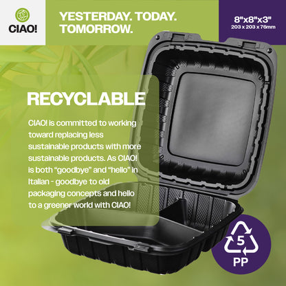 CIAO! 8"x8"x3" MFPP Black Hinged Container With Lid 3 Compartment (Case of 200)