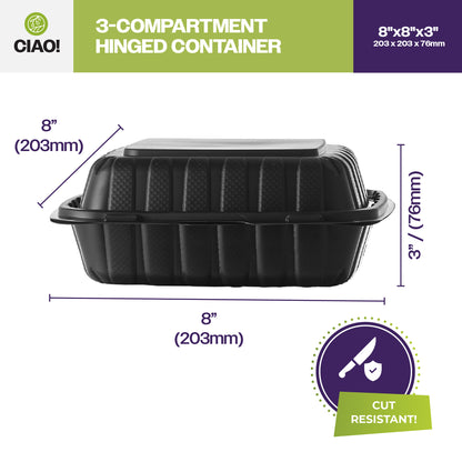 CIAO! 8"x8"x3" MFPP Black Hinged Container With Lid 3 Compartment (Case of 200)