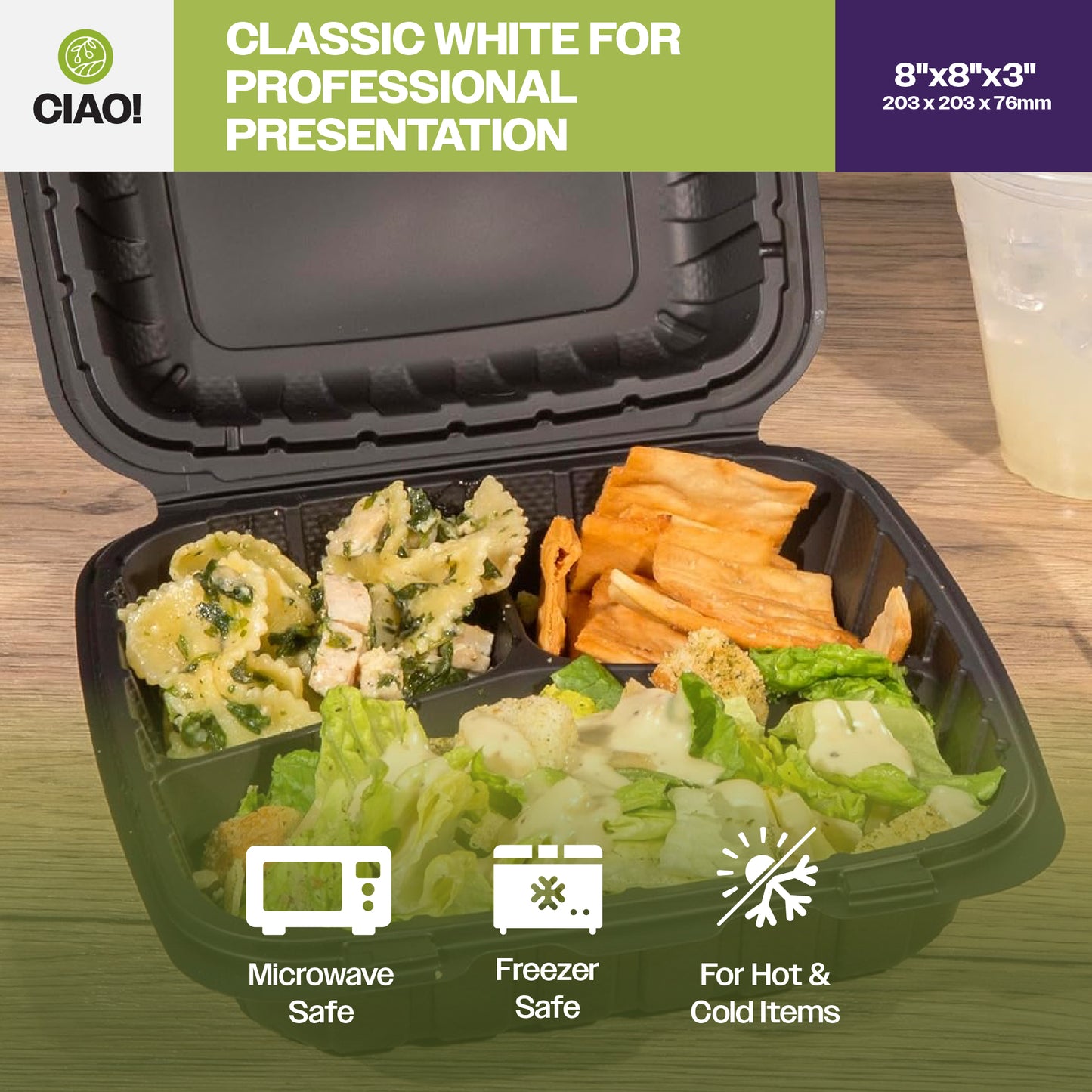 CIAO! 8"x8"x3" MFPP Black Hinged Container With Lid 3 Compartment (Case of 200)